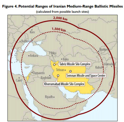 מפת טווח הטילים של איראן