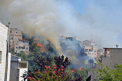 האש ליד הבתים בשכונת מעוז ציון (צילום:  ד"ר מיכה שמיר  )