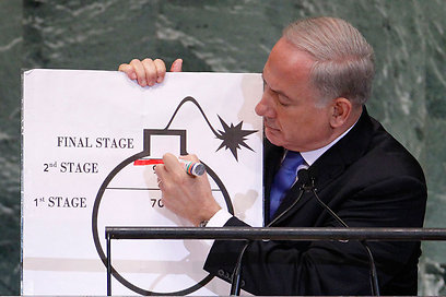 נתניהו משרטט קו אדום על הפצצה באו"ם (צילום: רויטרס)
