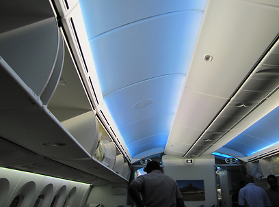 התאורה במטוס בצבעים כחולים וסגולים שמשרים אווירה נינוחה (צילום: דני שדה)