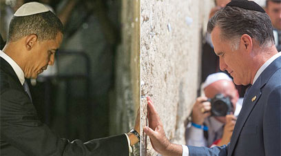 היהודים האמריקאים אוהבים את הנשיא שלהם מחובר ליהדותם. אובמה ורומני בכותל (צילום: אוהד צויגנברג , AP)
