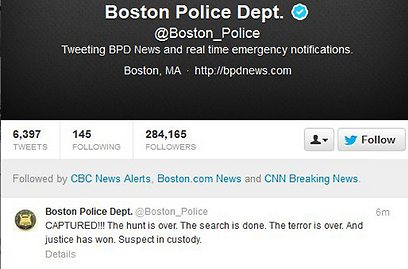 "נתפס!!!". הודעת משטרת בוסטון באינטרנט (צילום: רויטרס)
