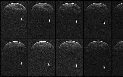 צילומי רדאר של האסטרואיד. הנקודה הלבנה בצילומים: הירח הנלווה (צילום: AFP)